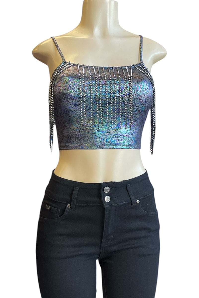 Metallic Top with Rhinestone Fringes