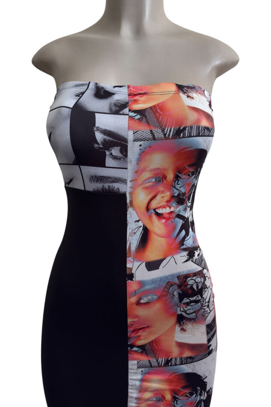 Multicolored strapless dress on a mannequin with abstract patterns
