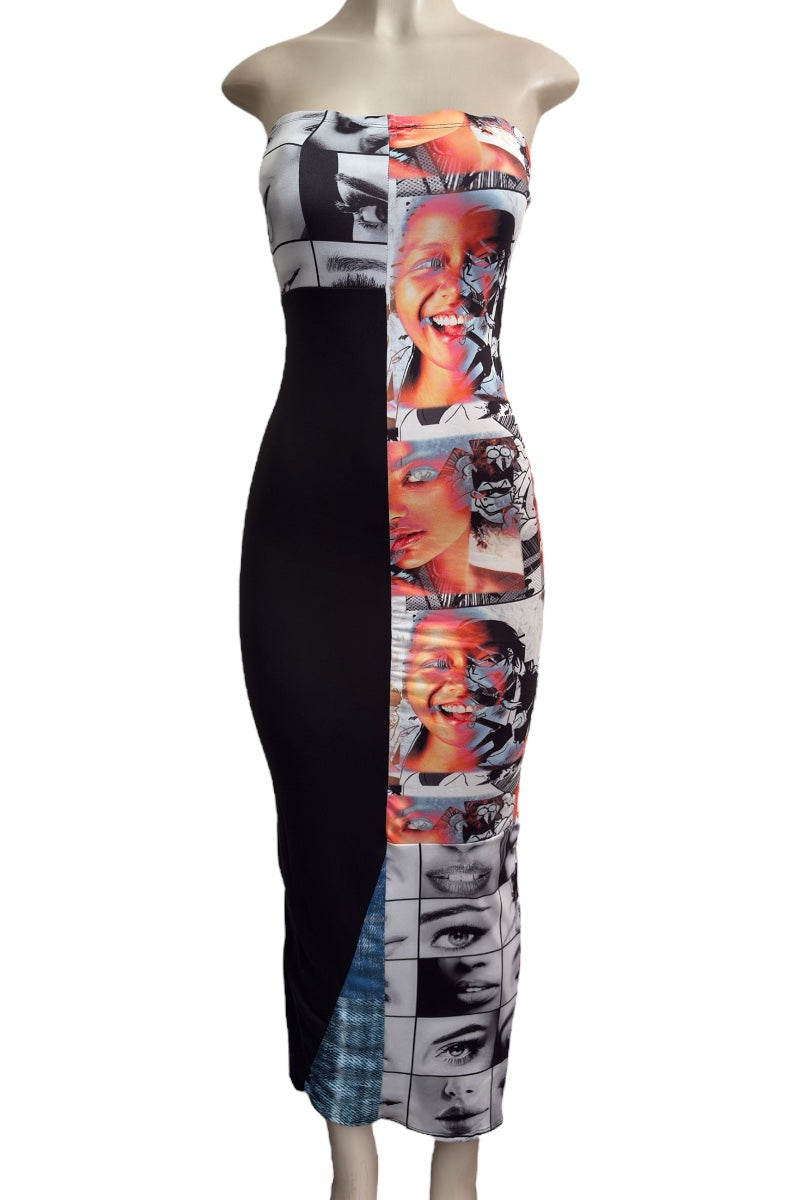 Multicolored strapless dress with graphic design on a mannequin against a white background