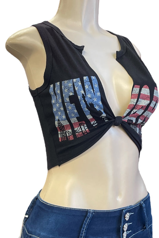 New York Flag Print Knot Crop Top