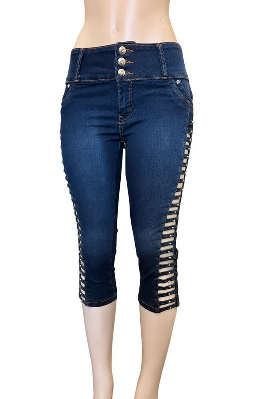 Open Ladder Studded Capri Jeans #3397