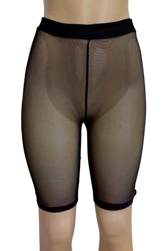 Black sheer mesh shorts with a solid black waistband and leg cuffs, shown on a mannequin lower body against a white background.
