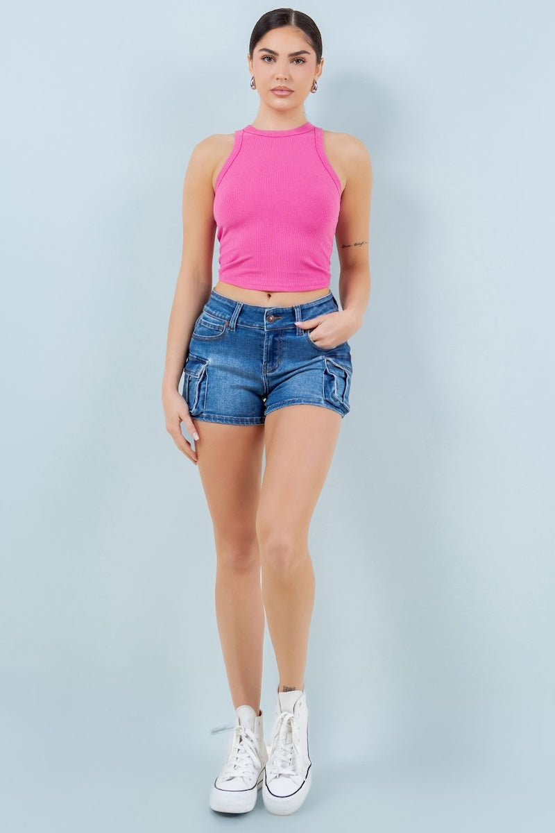 Mid Rise Denim Cargo Shorts