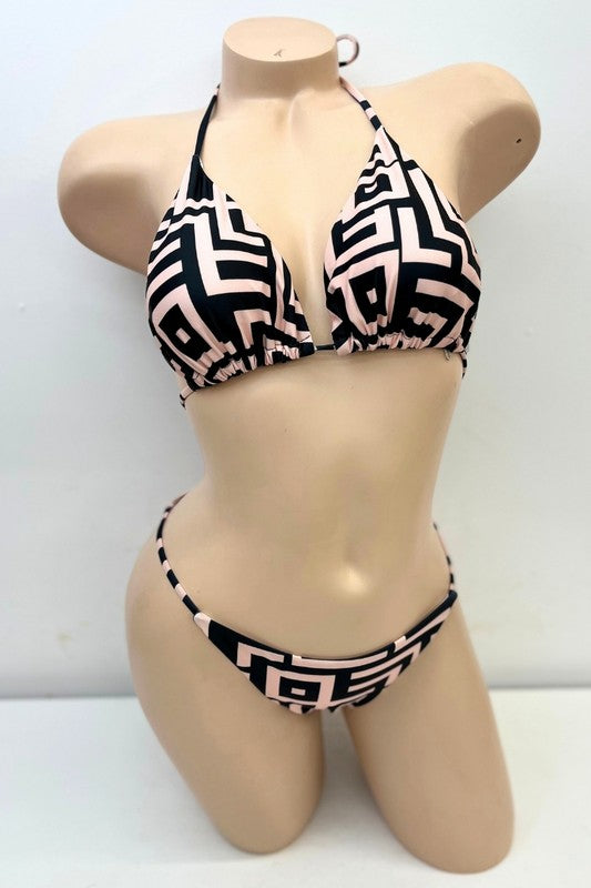 Greek Print Bikini Set With Sarong
