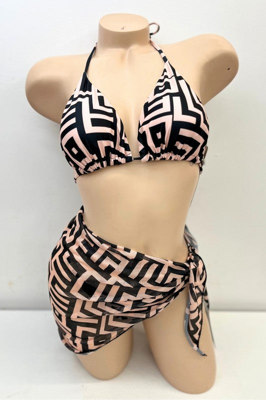 Greek Print Bikini Set With Sarong