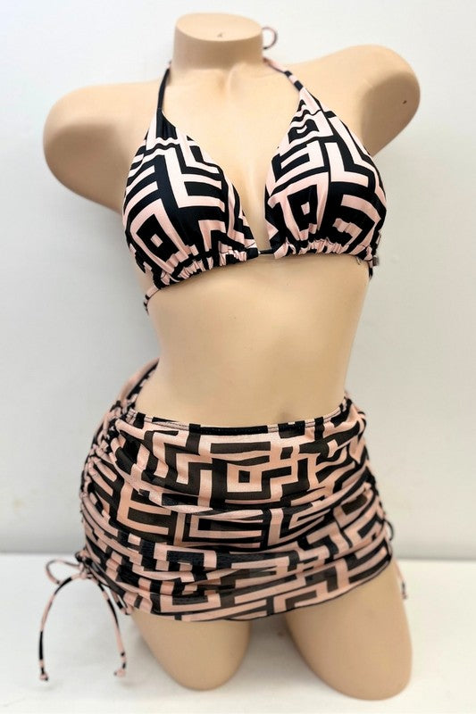 Greek Print Bikini Set With Sarong