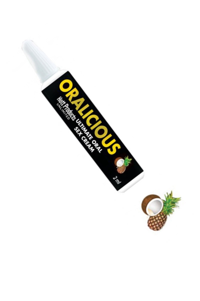 Oralicious cream tube with coconut and pineapple graphics on a white background