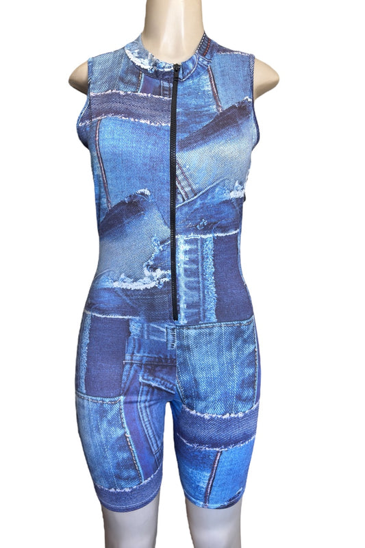 Blue denim patterned sleeveless romper on a mannequin against a white background