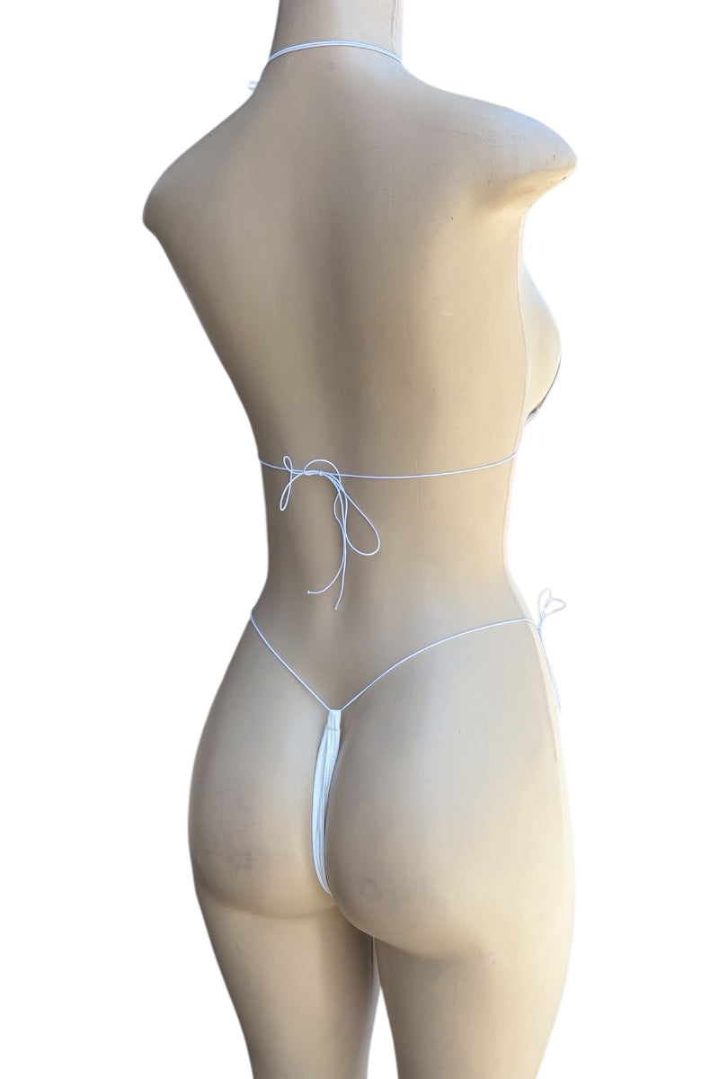 Mannequin wearing a white thong with thin straps on a white background