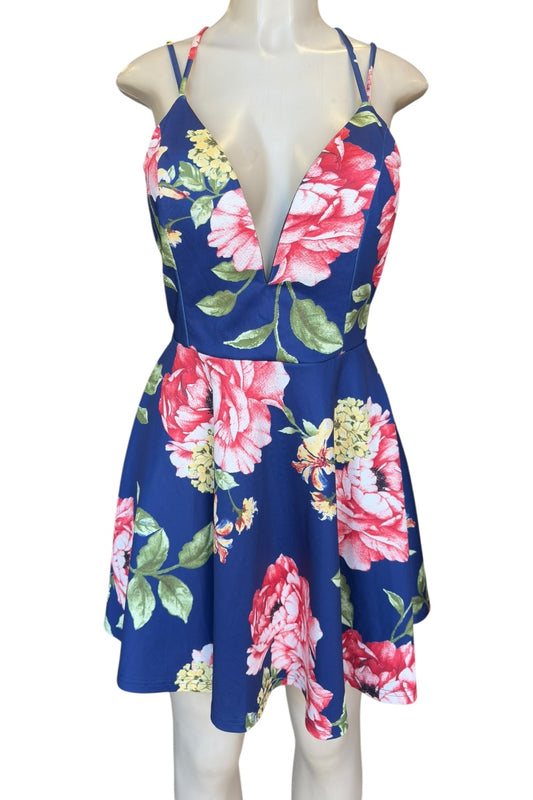 Floral dress with pink flowers on a blue background