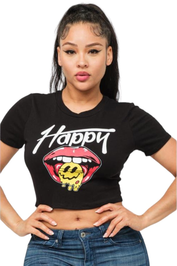 Crazy Happy Graphic Cropped Tee