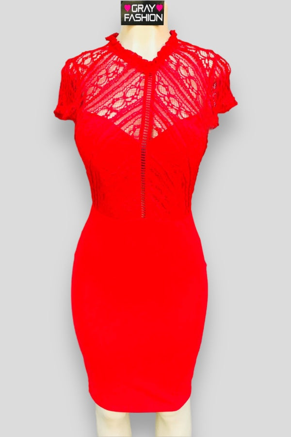 Mock Neck Lace Midi Dress