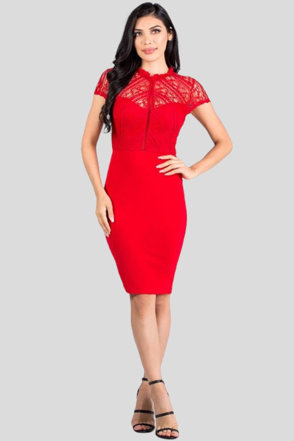 Mock Neck Lace Midi Dress