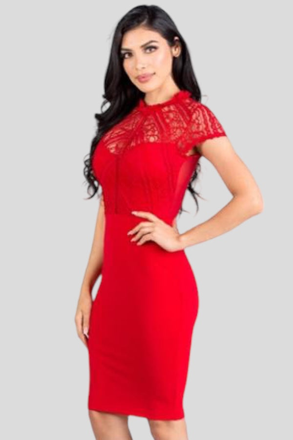 Mock Neck Lace Midi Dress