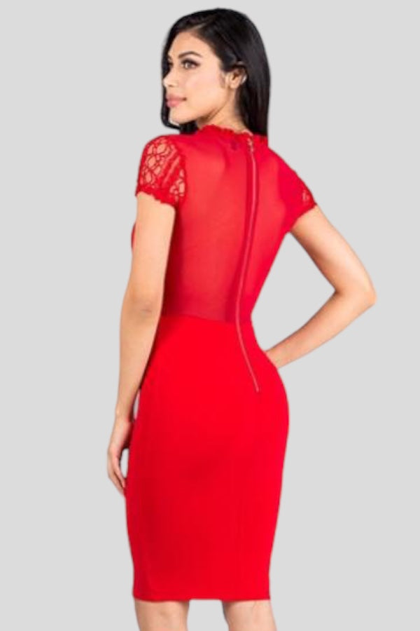 Mock Neck Lace Midi Dress