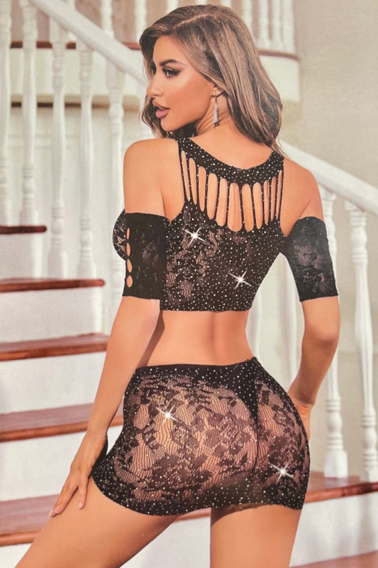 Caged Off Shoulder Rhinestone Lace Set