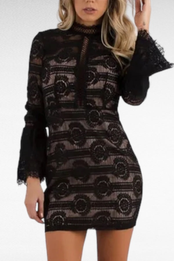 Mockneck Lace Dress W/ Flounce Long Sleeves Black / S Mockneck Lace Dress W/ Flounce Long Sleeves Black / S