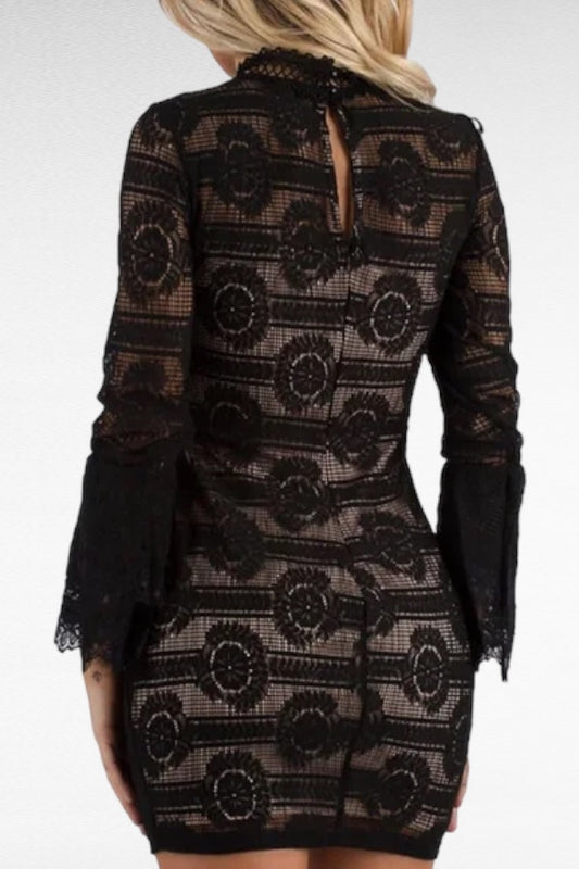 Mockneck Lace Dress W/ Flounce Long Sleeves