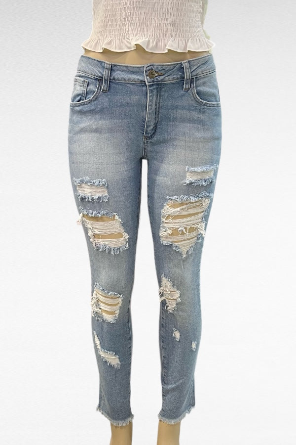 Mid Rise Destructed Skinny Jeans