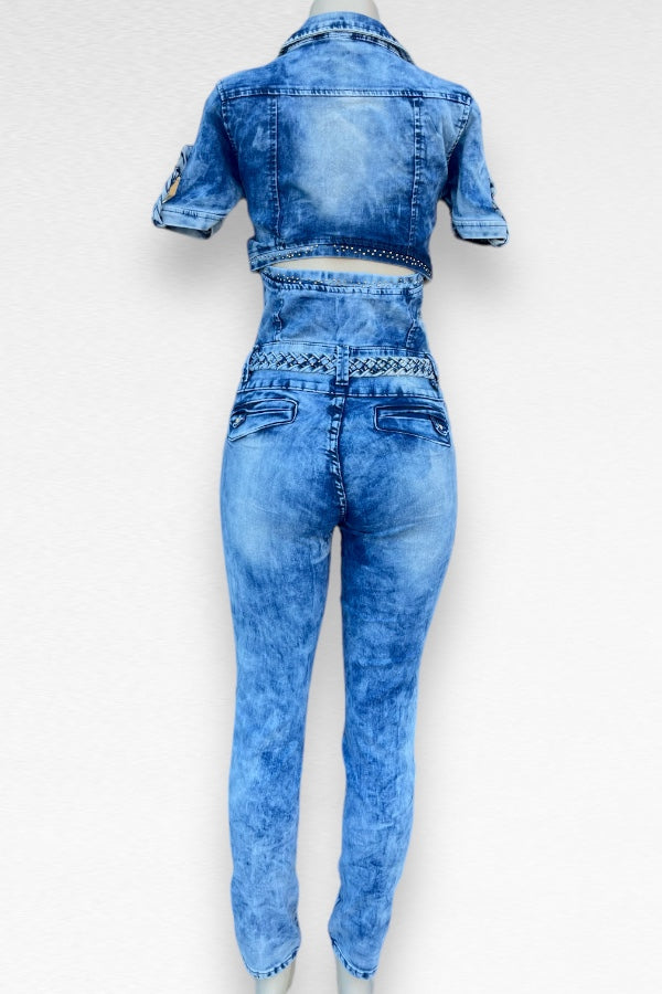 Braided Studded Denim Jumpsuit