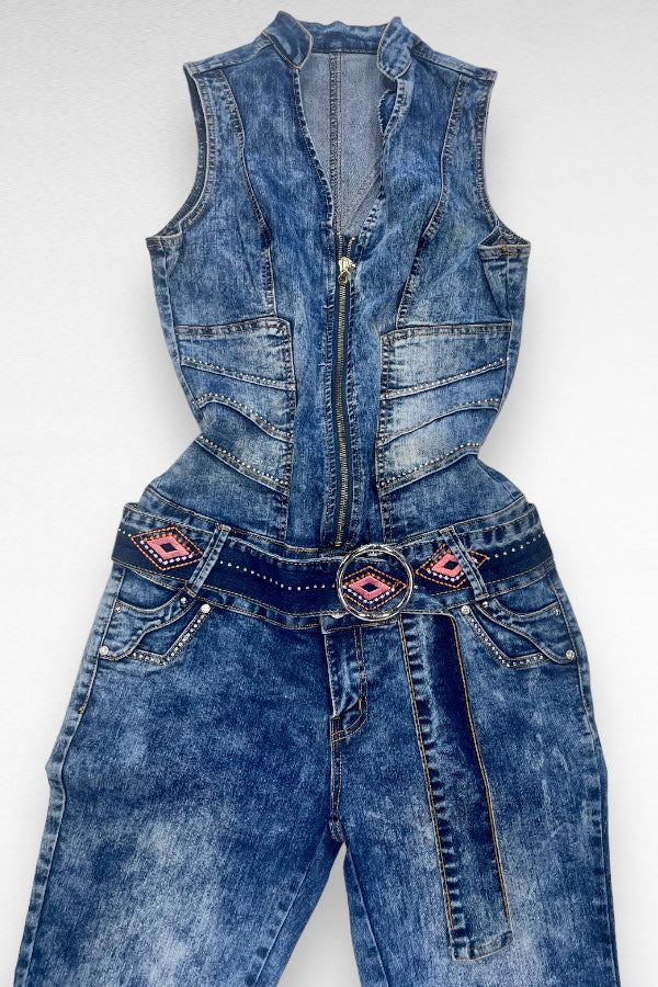 Embroidered Studded Denim Jumpsuit