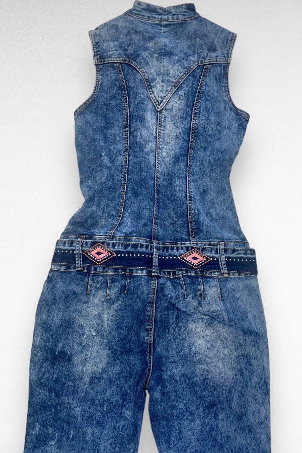 Embroidered Studded Denim Jumpsuit
