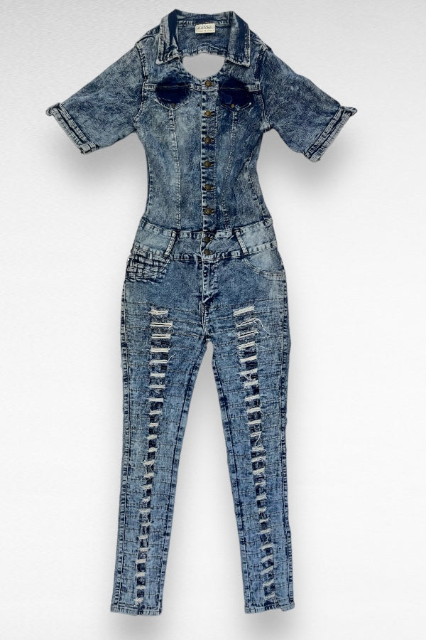 Distressed With Bows Denim Jumpsuit