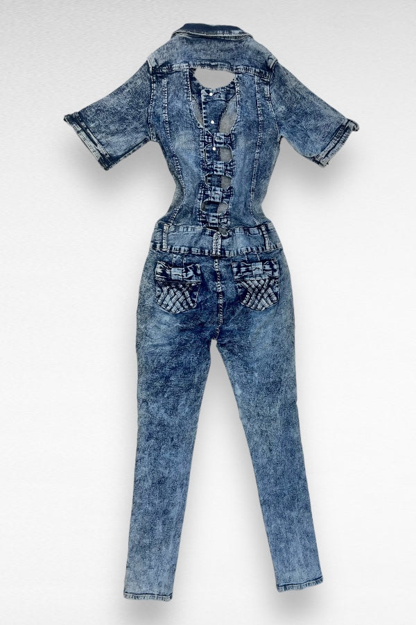 Distressed With Bows Denim Jumpsuit