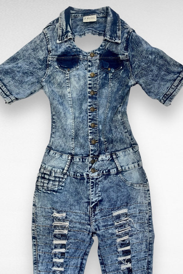Distressed With Bows Denim Jumpsuit