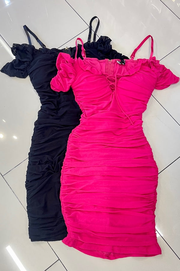 Mesh Ruched Ruffled Off Shoulder Dress