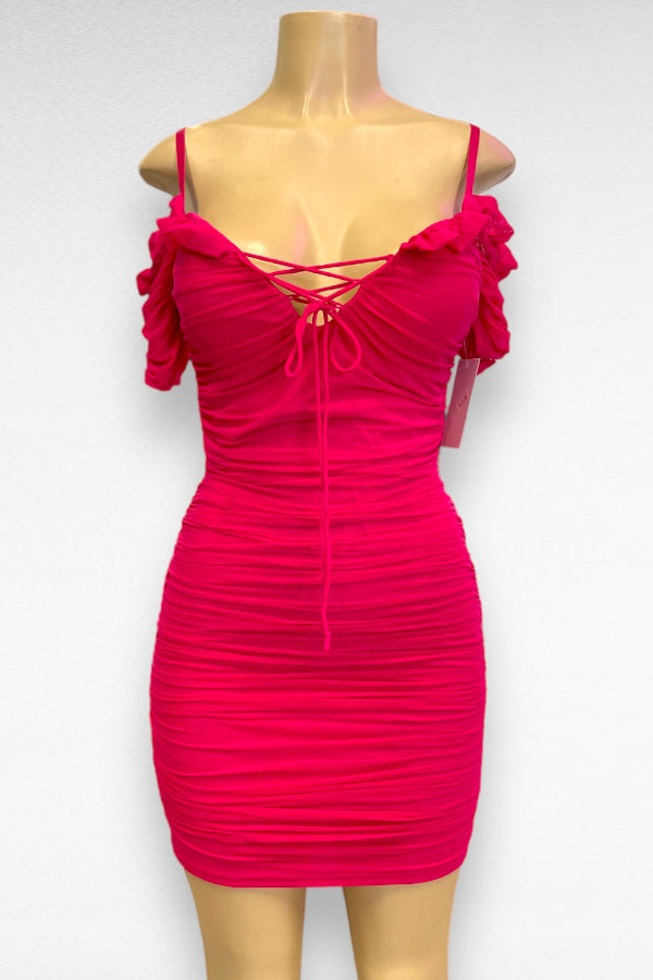 Mesh Ruched Ruffled Off Shoulder Dress