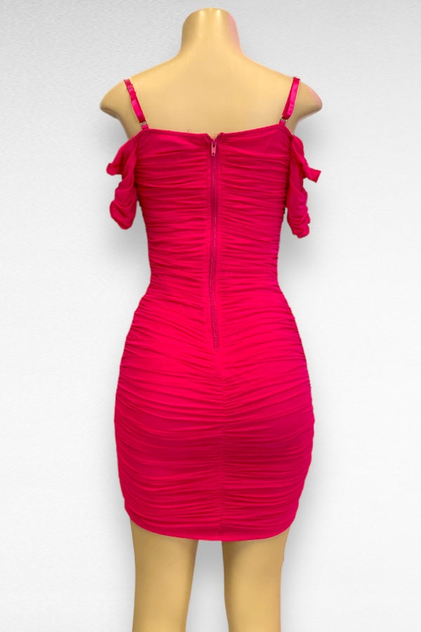 Mesh Ruched Ruffled Off Shoulder Dress