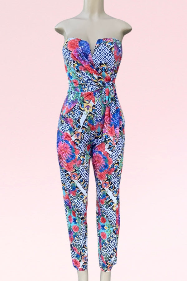 Strapless Floral & Greek Print Jumpsuit