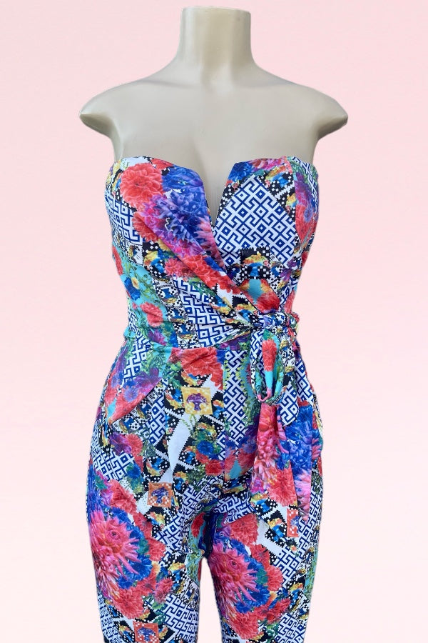 Strapless Floral & Greek Print Jumpsuit