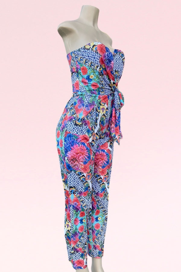 Strapless Floral & Greek Print Jumpsuit