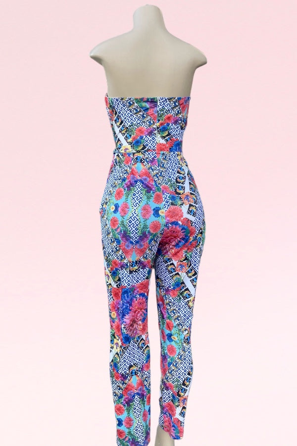 Strapless Floral & Greek Print Jumpsuit