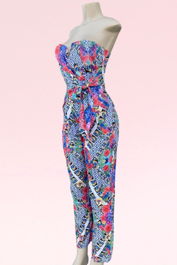 Strapless Floral & Greek Print Jumpsuit