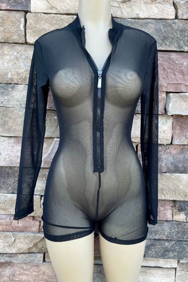Long Sleeve Mesh Zipper Romper