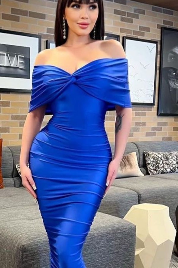 Off The Shoulder Shawl Ruched Long Dress Blue / S Off The Shoulder Shawl Ruched Long Dress Blue / S