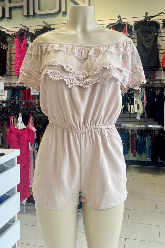 Off Shoulder Draped Linen Romper