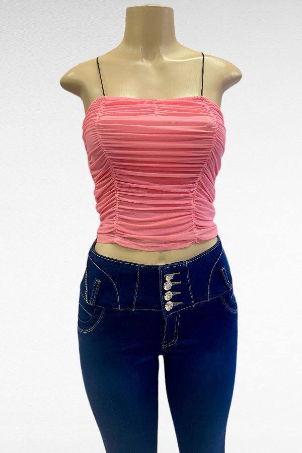 Ruched Mesh Cami Crop Top