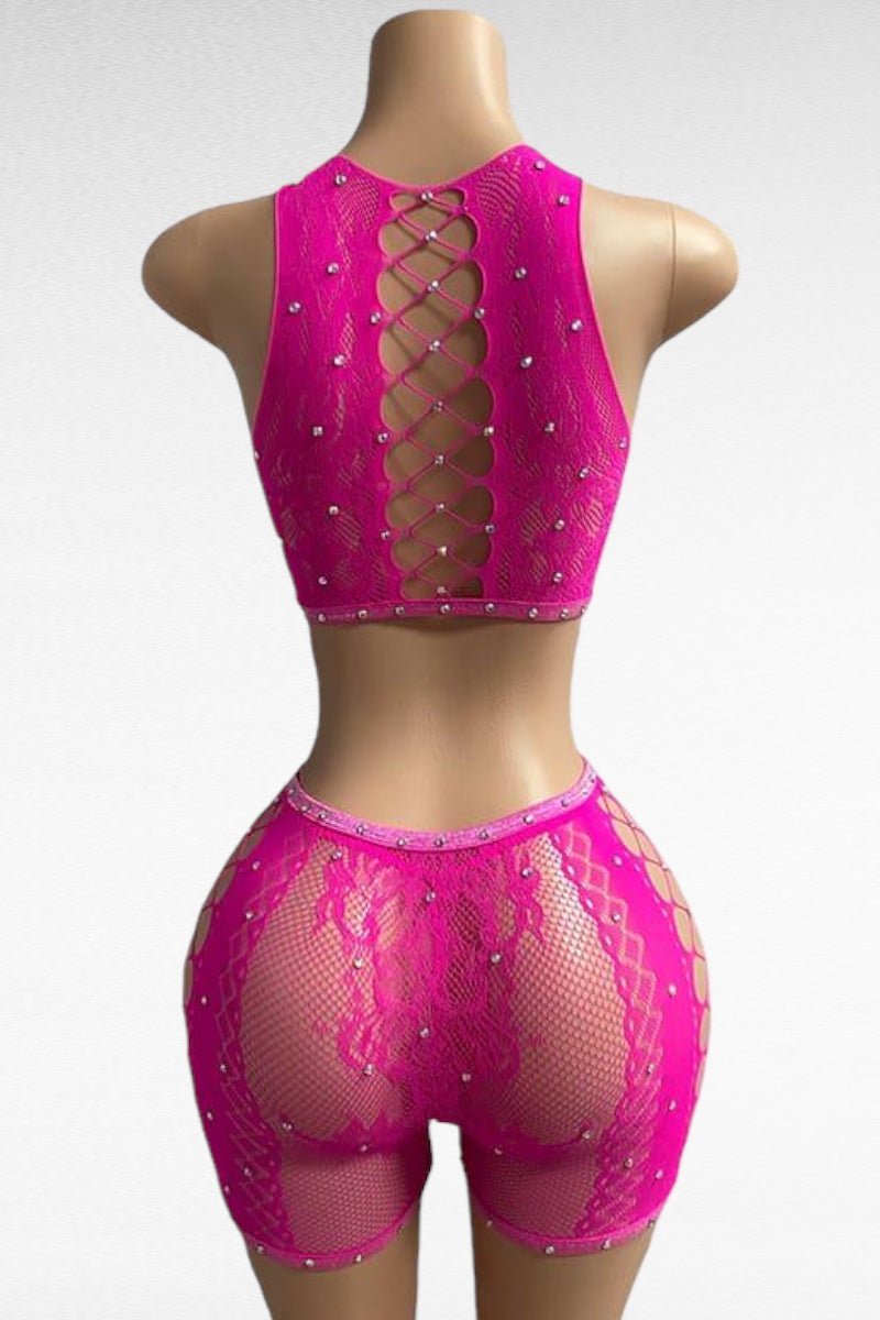 2 Piece Rhinestone Lingerie Set - Fuchsia