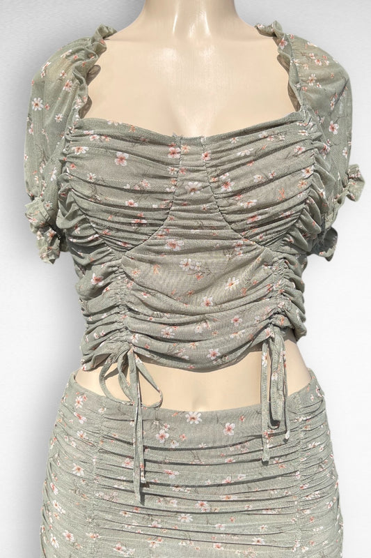Floral Ruched Crop Top and Mini Skirt Set