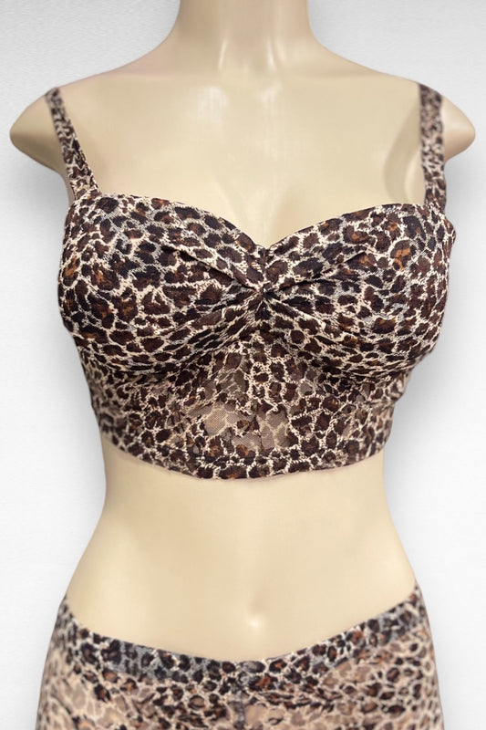 Leopard Lace Mesh Bustier Top with Pants Set