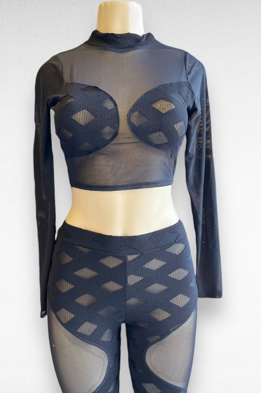 Contour Print and Mesh Top and Bottom Set - Black