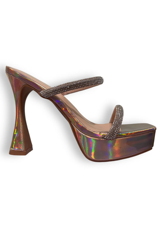 Holographic Double Rhinestone Strap Platform Flared Heels