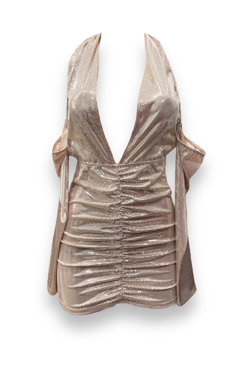 Metallic Halter Mini Dress Dress with Detached Sleeves GRAY FASHION Metallic Halter Mini Dress Dress with Detached Sleeves GRAY FASHION