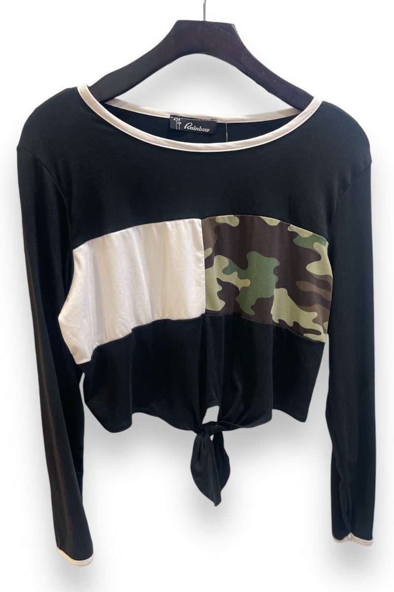 Camo Color Block Knit Self Tie Top
