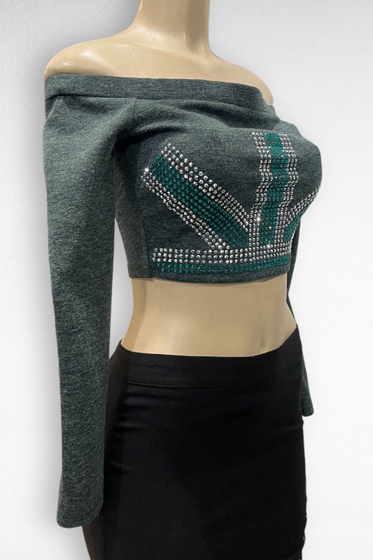 Rhinestone Off Shoulder Sweater Crop Top