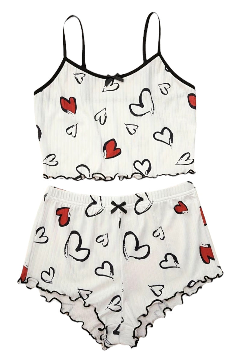 Heart Print Crinkled Shorts Set